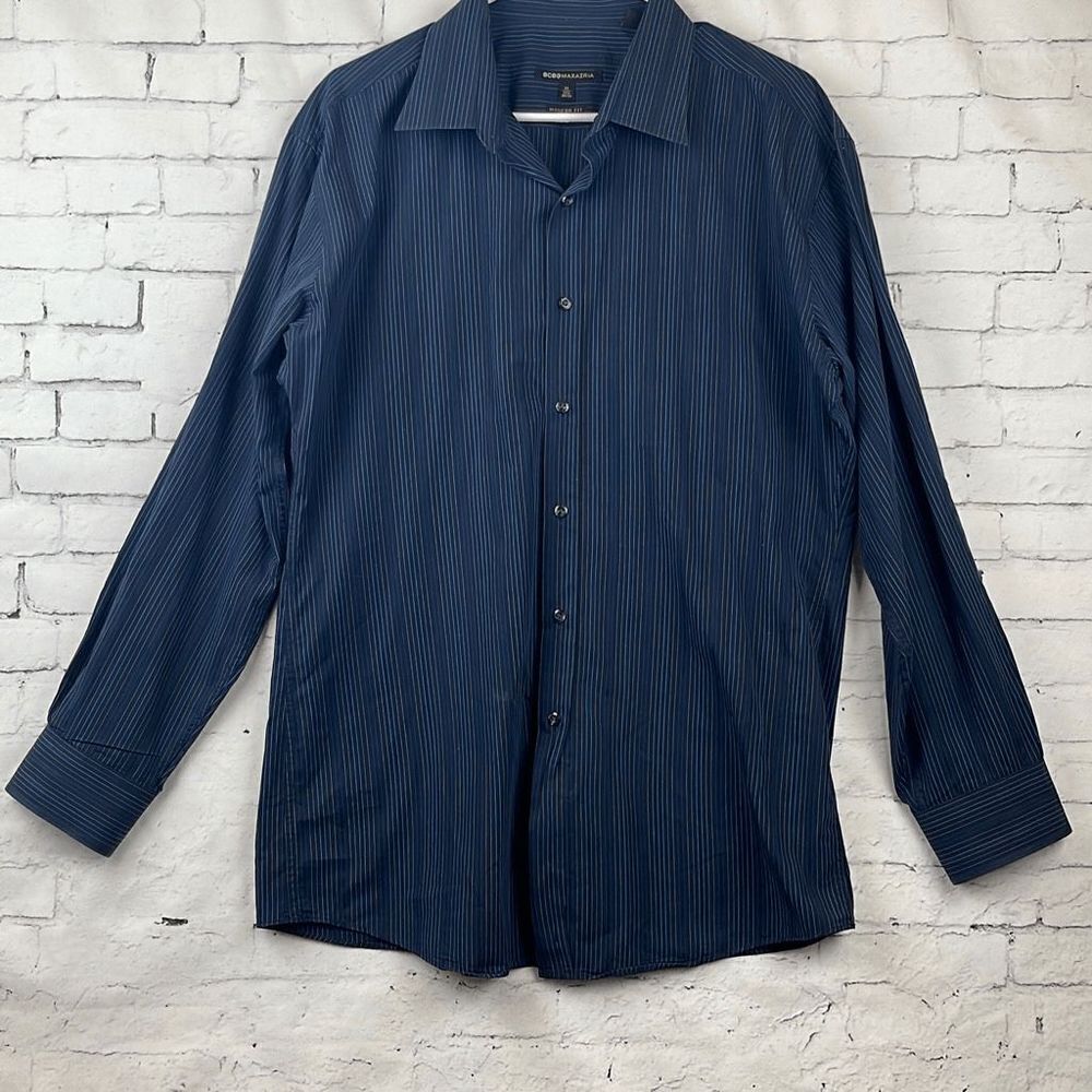 BCBG Maxazria Button Down Shirt Mens XL 17.5 Modern Fit Striped Long Sleeve Blue